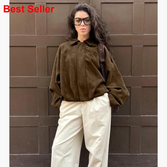 Faux Suede Bomber Jacket with Lapel Collar and Dolman Sleeves - Picture 5 of 7